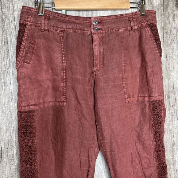 Anthropologie Hei Hei Linen Pants Roll Up Lace Embroidered Trim Rusted Red Sz 28 - Picture 4 of 8